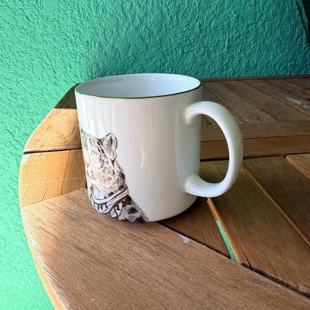 West Elm White Mug with Leopard Design